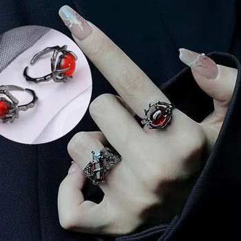 Goth vörös kristály drágakő gyűrű sötét kivágású vintage geometriai alakú gyűrű nőknek Retro party ékszerek nyitott gyűrűk ajándék