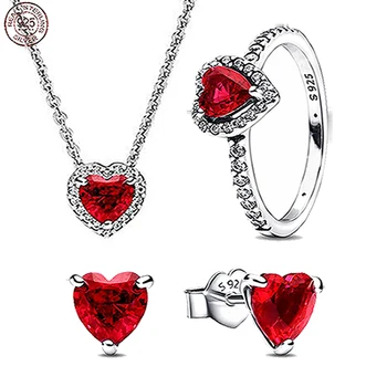 Új 925 sterling ezüst piros cirkon szív alakú gyűrű, fülbevaló, nyaklánc, testhezálló design, temperamentum, női ékszerkészlet ajándék