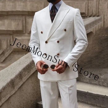 Fehér dupla mellű esküvői szmoking férfiaknak 2 darab Slim Fit öltöny Hivatalos vőlegény Vőlegény Vőlegény viselet Tuxedo jelmez homme