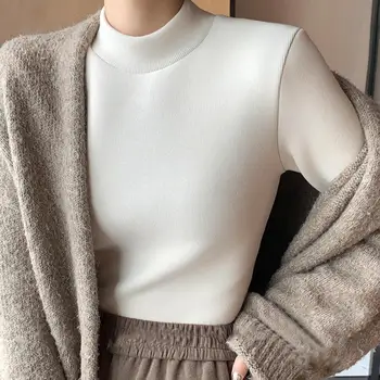 Pulóver Slim felsők elegáns vastagabb bársonnyal bélelt téli pulóver Slim Fit kötöttáru pulóver félig magas gallérral nőknek Meleg
