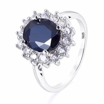 Diana hercegnő 925 ezüst Halo fekete drágakő gyűrű ovális luxus eljegyzési gyűrű