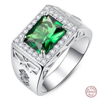 925 Sterling ezüst férfi gyűrűk négyzet alakú zöld cirkon kövezett gyémántok férfi gyűrű smaragdfehér köbös cirkónium jegygyűrű