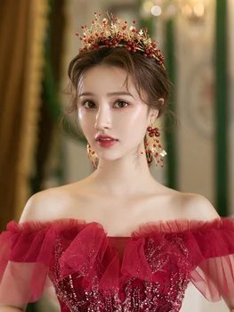 Menyasszonyi fejdísz korona Piros esküvő Koreai esküvői ruha Haj kiegészítők Esküvői temperamentum kiegészítők Koronák nőknek