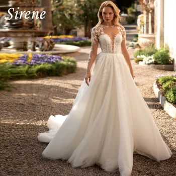 Sirene V nyakú esküvői ruha nőknek 2024 hosszú ujjú csipke rátétek Hátsó gomb tüll Egyszerű menyasszonyi ruha köntös De Mariée