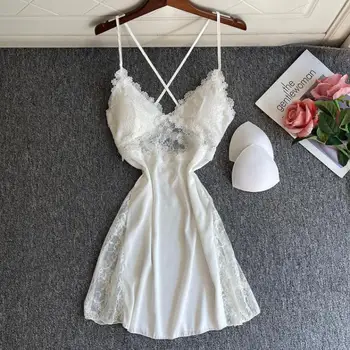Szexi csipke hálóinges ruha Womne V-nyakú hálóruha pongyola nyári hát nélküli hálóruha Lady fehérnemű szatén hálóruha