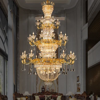 francia Luxus villa Nappali Lépcsőház Crystal Big Chandelier Európai High-End Hotel Lobby Sárgaréz függőlámpa