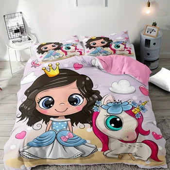 3db Aranyos hercegnő paplanhuzat szett rajzfilm lányok Egyszarvú nyomtatás Mosható ágynemű szett puha, kényelmes paplanhuzat hálószobába