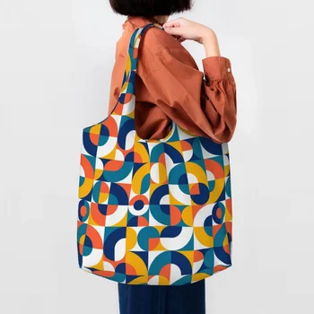 Bauhaus színes blokk geometriai vonal Modern élelmiszerek Bevásárlótáskák vászon vásárló táskák Válltáskák kapacitása Tartós kézitáska