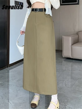 Szöuli őszi egyenes női hosszú szoknyák övvel Koreai divatos magas derekú A-vonalú szoknyák zsebek Női 2023 Új