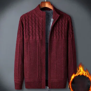 Férfi Vintage Vastagabb gyapjú pulóver kabát Téli jóképű divat Üzleti alkalmi pulóver Középkorú férfi cipzáras Cardigan pulóver