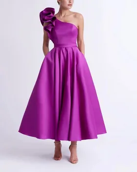 A-line lila szalagavató formális ruha 2023 bokáig érő fodrok egy vállas szatén estélyi partiruhák köntös De Soiree