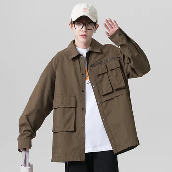 Tavasz Új férfi egyszínű hosszú ujjú ing Koreai divat többzsebes szerszámos kabát Őszi Harajuku gombos utcai ruházat