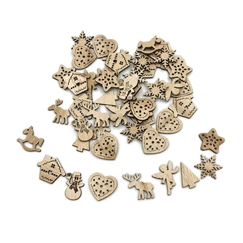 50DB Fa szeletek Üreges szív Szarvas forma Befejezetlen természetes fa körök DIY medál kiegészítők Karácsonyi dekoráció