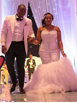 Afrikai kristályok sellő esküvői ruhák Spagetti pántok vállról Hosszú plusz méret Menyasszonyi ruhák puffadt tüll szoknya Vestidos