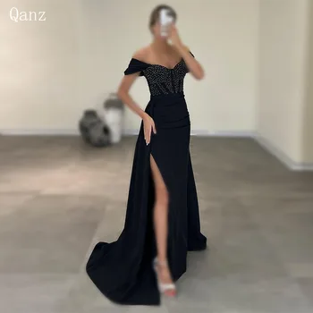 Qanz Modern fekete estélyi ruhák le a vállról Magas oldalhasíték Szatén Abendkleider Luxus 2024 sellő hát nélküli szépségverseny ruha