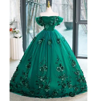 Új virág puffadt ruhák a szalagavató klasszikushoz Le a vállról Zöld quinceanera ruhák Édes elegáns hosszú köntös de bal egyedi készítésű