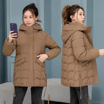 2023 Új koreai divat Elegáns nők párnázott pamutkabátok kapucnis Parkas Meidum hosszú meleg télikabát puffer kabát