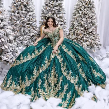 Csillogó smaragdzöld hercegnő Quinceanera ruha 2024 vállról Arany rátétes gyöngyös édes ruha Luxus Vestidos de 15