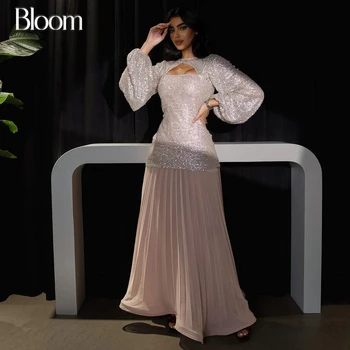 Bloom Flitterek Kivágott báli ruhák Puff hosszú ujjú Redős bokáig érő rakott női estélyi ruhák 2024 Hivatalos partiruha