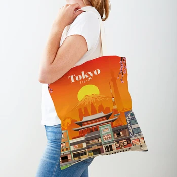 Cartoon City Travel Landscape Art Shopper táskák Tote Lady kézitáska Dupla nyomtatás Spanyolország Szingapúr alkalmi vászon női bevásárlótáska