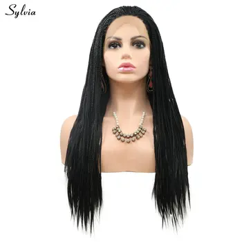 Sylvia 1B# Fekete színű fonott dobozos fonatú paróka nőknek/lányoknak Hosszú szintetikus csipke elülső parókák Ragasztó nélküli haj Magas hőmérsékletű rost