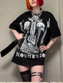 Dark Goth Oversize Gothic Graphic Emo Skull Pólók Grunge Loose Punk Black Alternative Tops Harajuku Summer Streetwear Ruhák