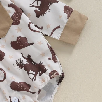 Western Baby Boy ruhák Infant Shirt Romper Cartoon Print hosszú ujjú gomb Le hajtókás bodyk