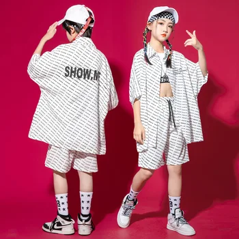 Nyár Lány Kpop Hip Hop Ruházat Gyermek csíkos rövid ujjú ing Streetwear Rövidnadrág Ins Fehér tánc jelmez 6 8 10 12 14 16Y