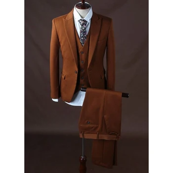 Classy Brown Luxus férfi öltönyök Elegáns esküvői szmokingok Terno Masculino Három részes dzseki + nadrág + mellény Conjuntos De Chaqueta