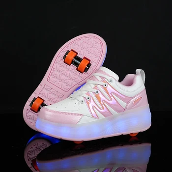 Négy kerék Gyermek LED cipők Divat USB töltés Gyerek Kétsoros Görkorcsolya Fiú & lány & Női tornacipők Méret 30-40