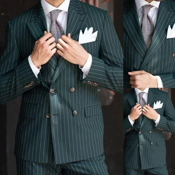 Csíkos férfi öltönyök Slim Fit esküvői vőlegény viselet Tuxedos Peak hajtóka üzleti blézer 2 részes szett jelmez Homme kabát nadrág