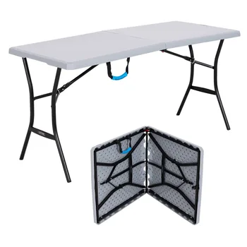  Hordozható összecsukható asztal 5 láb téglalap Félbehajtható asztal beltéri/kültéri Alapvető ingyenes szállítás Szürke kempingbútor
