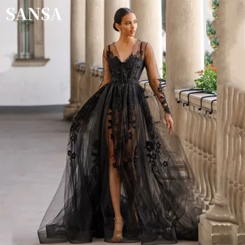 Sansa Sexy Perspective A-line فساتين السهرة فساتين Black Csipke hímzett báli ruha Side High Split Tulle Party Dress