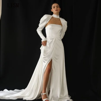 LISM Kecses hosszú menyasszonyi ruhák Pánt nélküli formális esküvői ruha hosszú ujjakkal Magas oldalsó hasíték Padlóhossz Egyszerű fehér köntös