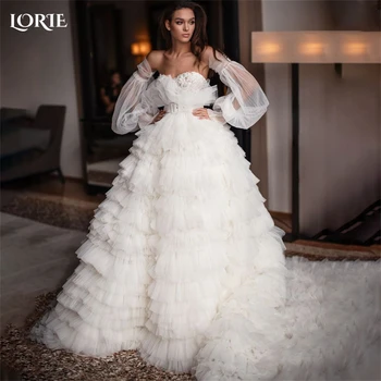LORIE Elegáns, tömör báli ruhák esküvőre A-vonalú kedvesem vállról levett puffos ujjú Szépségverseny-ruhák Többszintű fodros partiruha