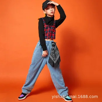 Divat Streetwear Hip Hop Show jelmezek lányoknak Plaid Tank Top póló farmer szettek Cool Jazz Street Dance Performance ruhák