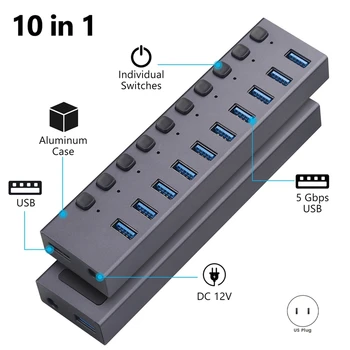  USB3.0 Splitter 10 portos töltés Multi-interfész HUB kapcsolóval tartós, egyszerű telepítés