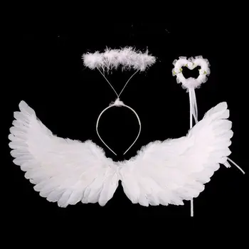4db/set Toddler Girls Angel jelmez szett Fehér ruha Toll szárnyak Fejpánt Pálca