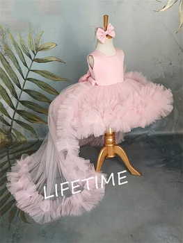 Puffadt lány ruha rózsaszín babaruha vonattal Virág lány ruha íj Aranyos gyerek gyermek születésnapi ruhák Frist Communion
