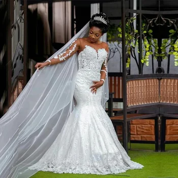 Elegáns fehér Arab Dubai Afrikai menyasszonyi ruha Sellő hosszú ujjú csipke rátétes gyöngyös Esküvői ruha Meztelen tüll esküvői ruha