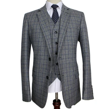 Egyedi gyártású férfi öltöny szürke Hagyományos Tweed retro brit stílusú esküvői slim fit blézer öltöny férfiaknak 3 db kabát nadrág mellény