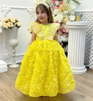 Sárga virág lány ruhák Virágos legénység nyak boka hossza Csipke Hemline lányok elsőáldozási ruha Születésnapi zsúrruha