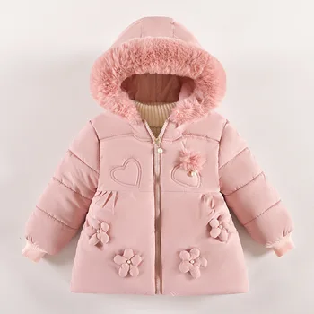 Virágok Őszi téli lányok kabátja Szőrme gallér Tartsd melegen Kis hercegnő kabát Kapucnis cipzáras baba felsőruházat 2-4 éves gyerekruhák