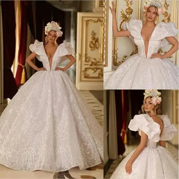Luxus Dubai csipkebáli ruha esküvői ruhák nőknek Szexi mély V nyakú menyasszonyi rátét arab hercegnő Vestido De Noiva 2024