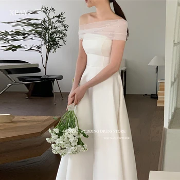 XPAY Egyszerű A Line Stretch Satin Korea Esküvői ruhák tüll gyöngyökkel Bolero fűző Hátsó emelet hossza Menyasszonyi ruhák Fotózás