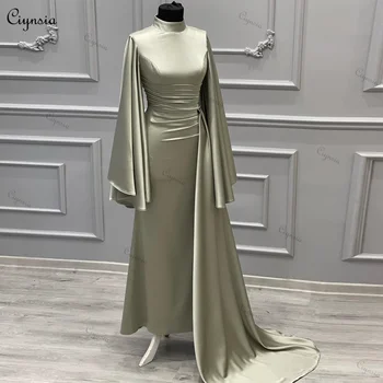 Ciynsia elegáns magas nyakú hosszú ujjú estélyi ruhák nőknek Szatén rakott formális ruha sellő esküvői báli parti ruhák Új