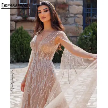 Dubai Arab Luxus Meztelen Egy vonal Gyöngyös estélyi ruhák köpeny ujjakkal Női ruhák Esküvői parti 2023