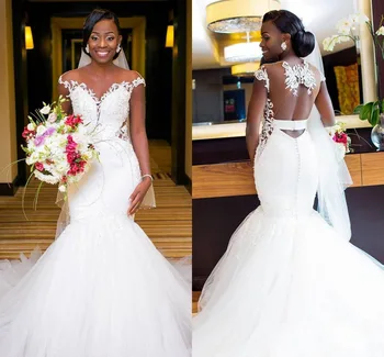 Sellő afrikai fodor Nigériai gyöngyös esküvői ruhák nőknek Fehér esküvői ruha Kristálygyöngyök Flitter