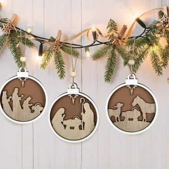 Woodiness karácsonyi medál kivájt többrétegű sztereoszkópikus Jézus faragott medál lógó kör alakú fa faragott ékszerek