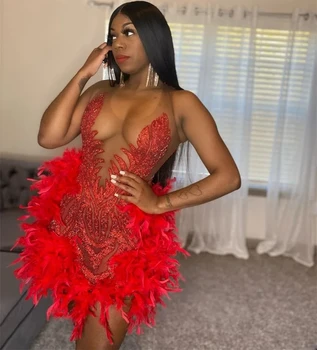 Red Sexy Sheer Feather Diamond Short Prom Dresses Black Girls Birthday Party Dresses African Mini Cocktail Dresses Homecoming